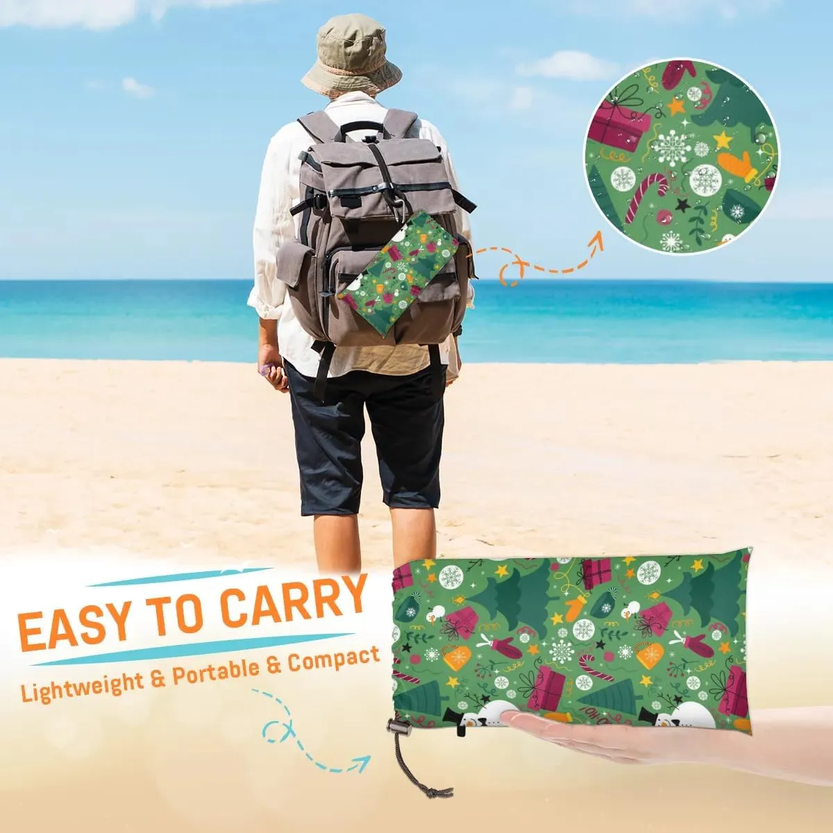 Christmas Tree Beach Blanket, Sandproof Beach Mat, 68 x 59 Waterproof Quick Drying Sand Free Mat with 4 x Ground Spikes for Outdoor Travel Camping Hiking, Snowman Prints