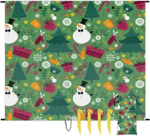 Christmas Tree Beach Blanket, Sandproof Beach Mat, 68 x 59 Waterproof Quick Drying Sand Free Mat with 4 x Ground Spikes for Outdoor Travel Camping Hiking, Snowman Prints