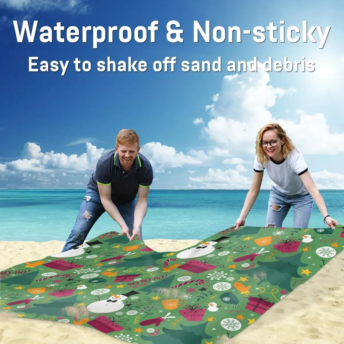 Christmas Tree Beach Blanket, Sandproof Beach Mat, 68 x 59 Waterproof Quick Drying Sand Free Mat with 4 x Ground Spikes for Outdoor Travel Camping Hiking, Snowman Prints