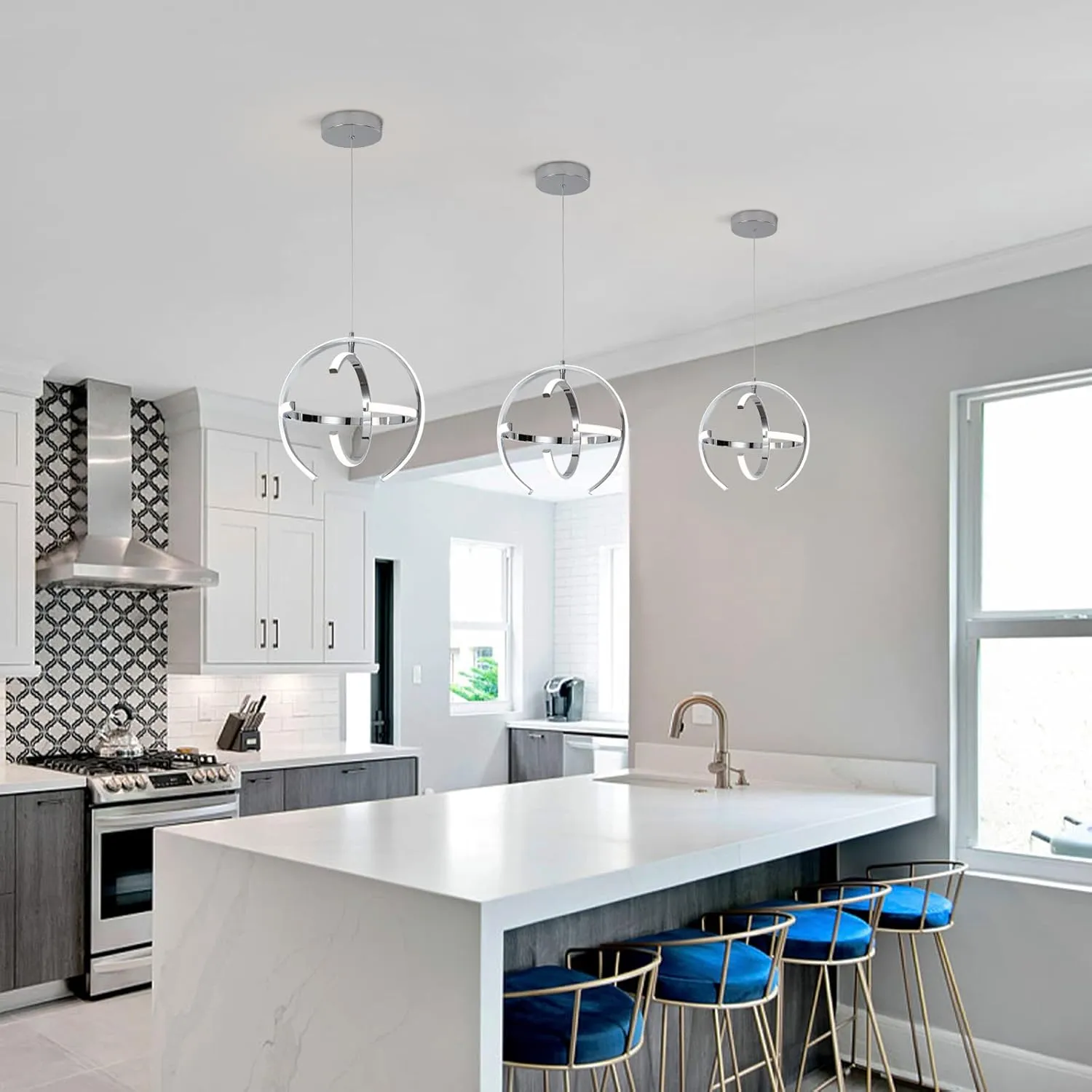 Chrome Modern LED Pendant Light, Silver Dimmable Metal Globe Chandelier, Hanging Ceiling Light Fixture for Room Dining Bedroom Living Room Kitchen Island Hallway Entryway Foyer 13 Inch