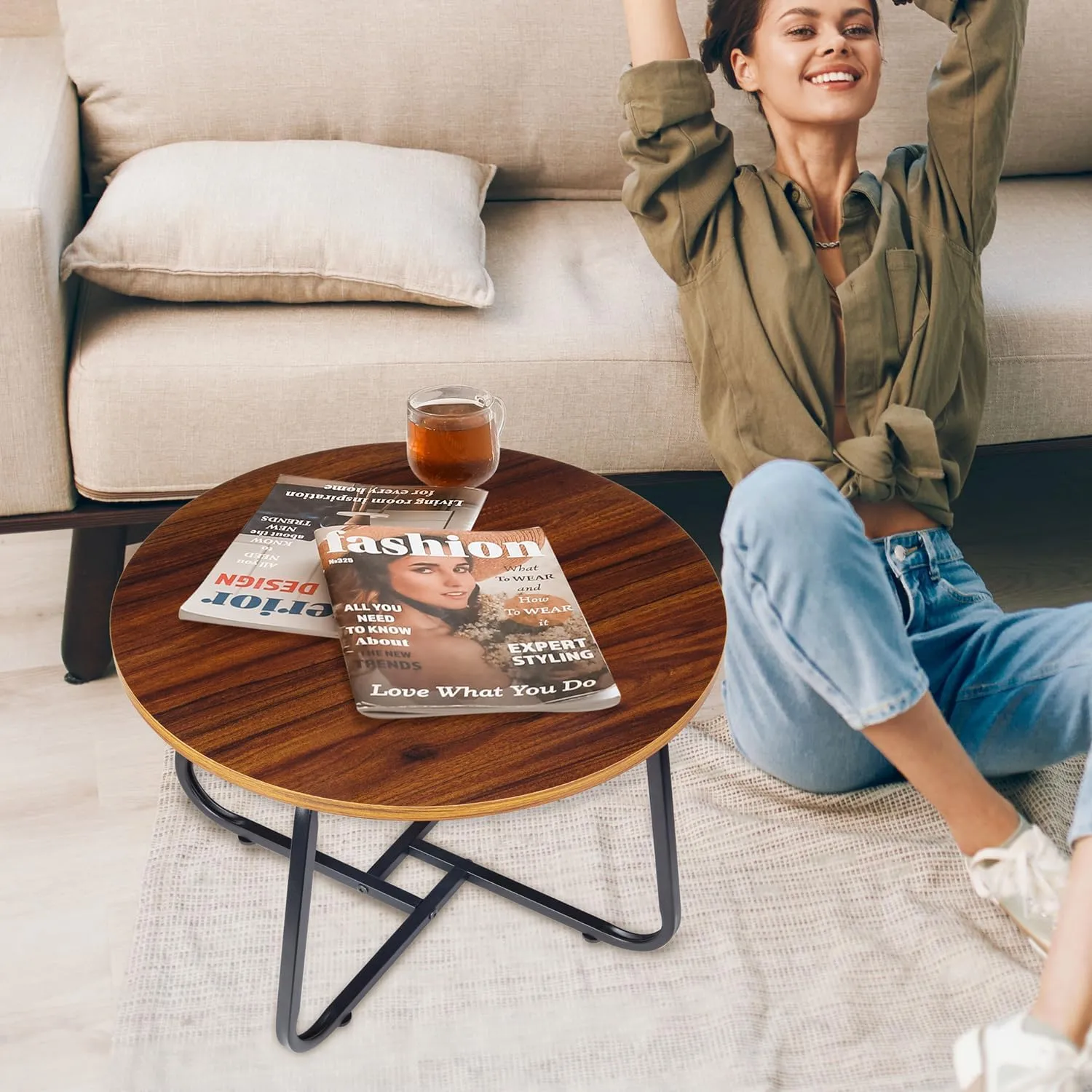 Circle Coffee Table, 20" Small Round Table for Living Room Decor, Center Tea Table for Home, Office Modern Style, Metal Frame, Easy to Assemble