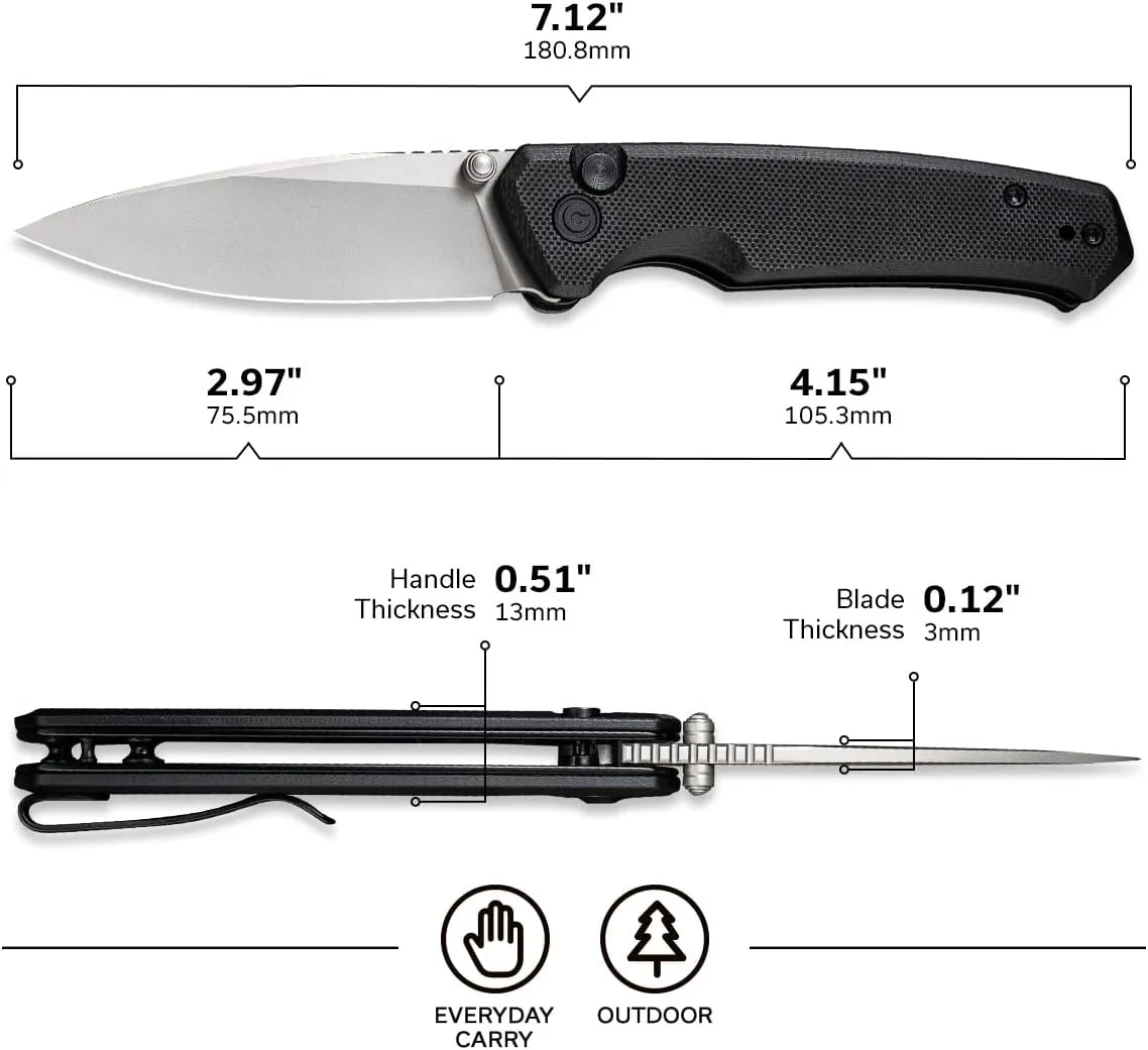 CIVIVI Altus Pocket Folding Knife with Button Lock and Thumb Stud Opener, 2.97" Nitro-V Silver Bead Blasted Blade Black G10 Handle C20076-1