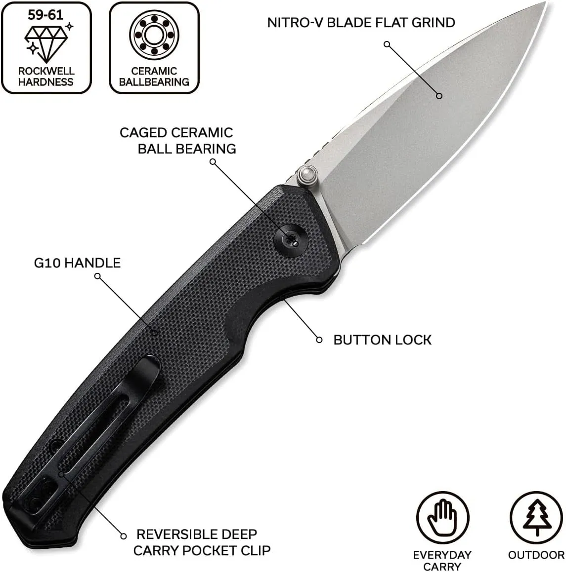 CIVIVI Altus Pocket Folding Knife with Button Lock and Thumb Stud Opener, 2.97" Nitro-V Silver Bead Blasted Blade Black G10 Handle C20076-1