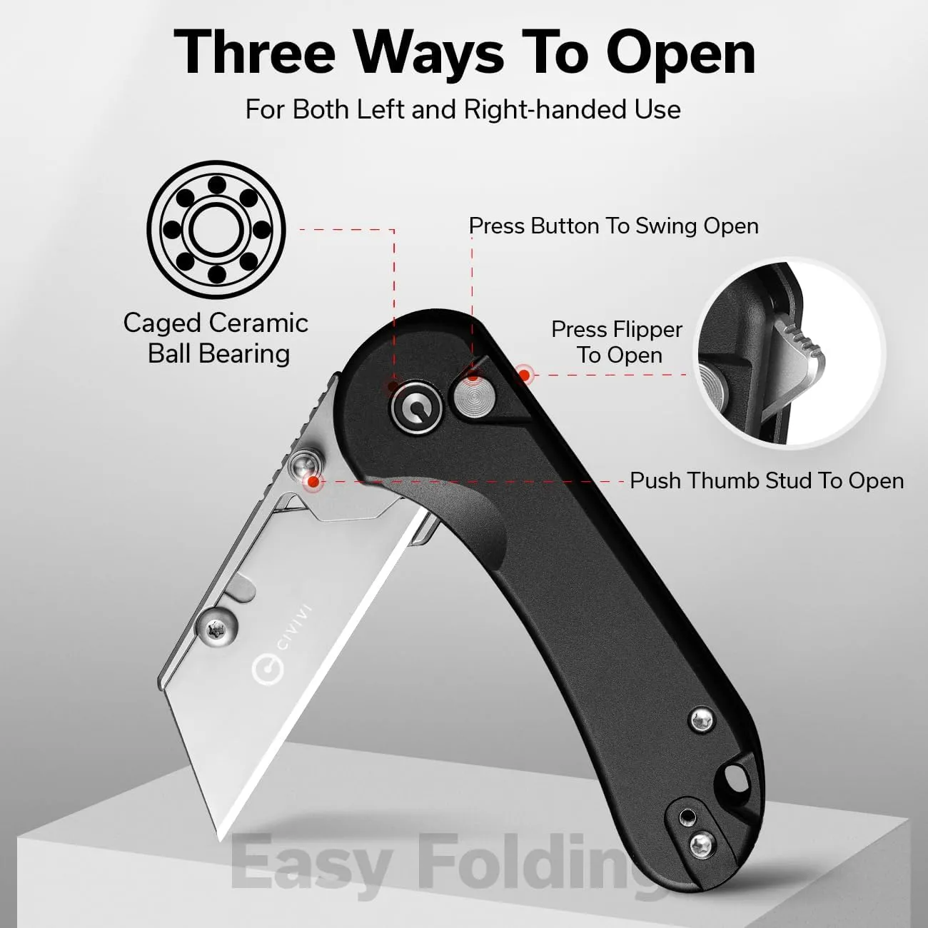 CIVIVI Folding Utility Knife Box Cutter, Elementum Utility Pocket Edc Knife with 3Pcs Extra Razor Blades, Three Ways to Open, Ideal Gifts for Men Women C23039B-1