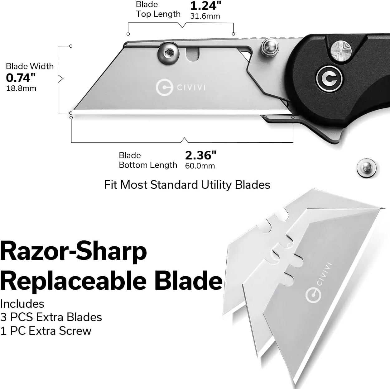 CIVIVI Folding Utility Knife Box Cutter, Elementum Utility Pocket Edc Knife with 3Pcs Extra Razor Blades, Three Ways to Open, Ideal Gifts for Men Women C23039B-1