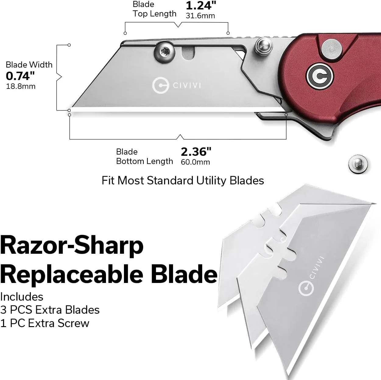 CIVIVI Folding Utility Knife Box Cutter, Elementum Utility Pocket Edc Knife with 3Pcs Extra Razor Blades, Three Ways to Open, Ideal Gifts for Men Women C23039B-5