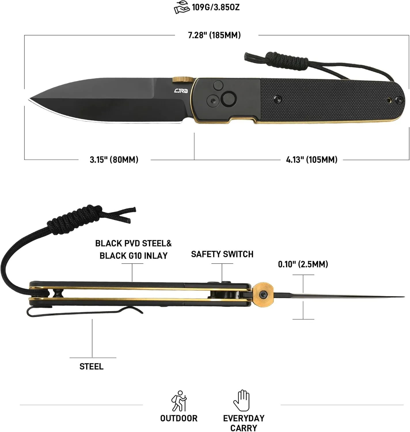 CJRB Locust Folding Knife, 3.15'' AR-RPM9 Steel Blade Pocket Knife with Black PVD Steel&G10 Inlay Handle, Button Lock with Safety Switch EDC Knife for Men Women Camping Hiking(1951-BG)