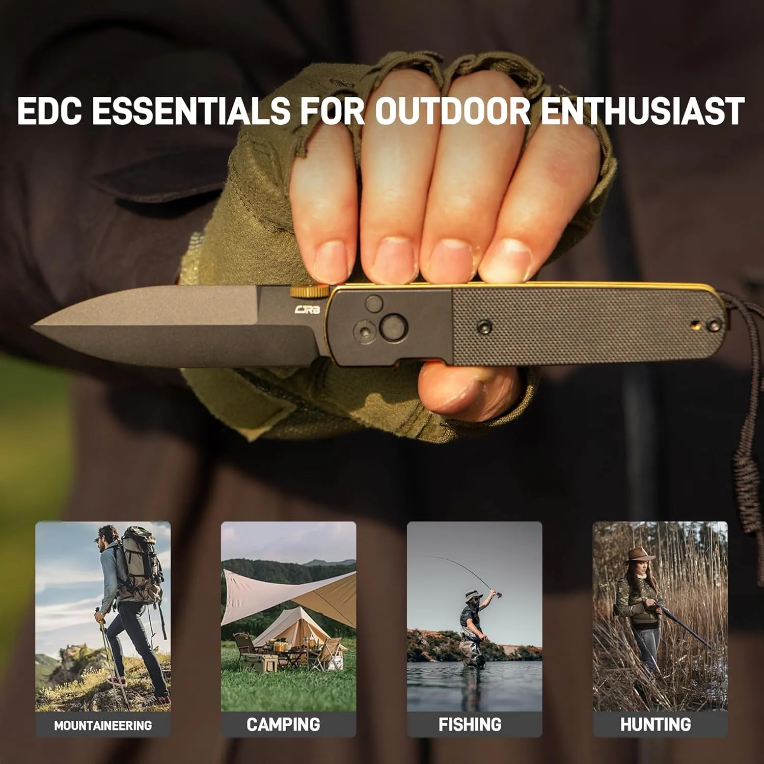 CJRB Locust Folding Knife, 3.15'' AR-RPM9 Steel Blade Pocket Knife with Black PVD Steel&G10 Inlay Handle, Button Lock with Safety Switch EDC Knife for Men Women Camping Hiking(1951-BG)
