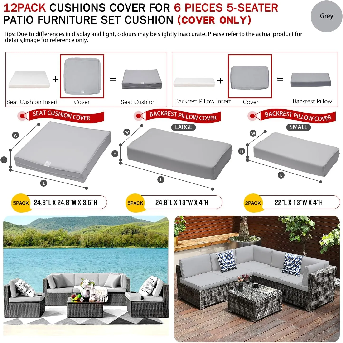 ClawsCover 12 Pack Outdoor Seat and Back Cushions Replacement Covers Fit for 6Pieces 5-Seater Wicker Rattan Patio Furniture Conversation Set Sectional Couch Chairs,Grey-Include Cover Only