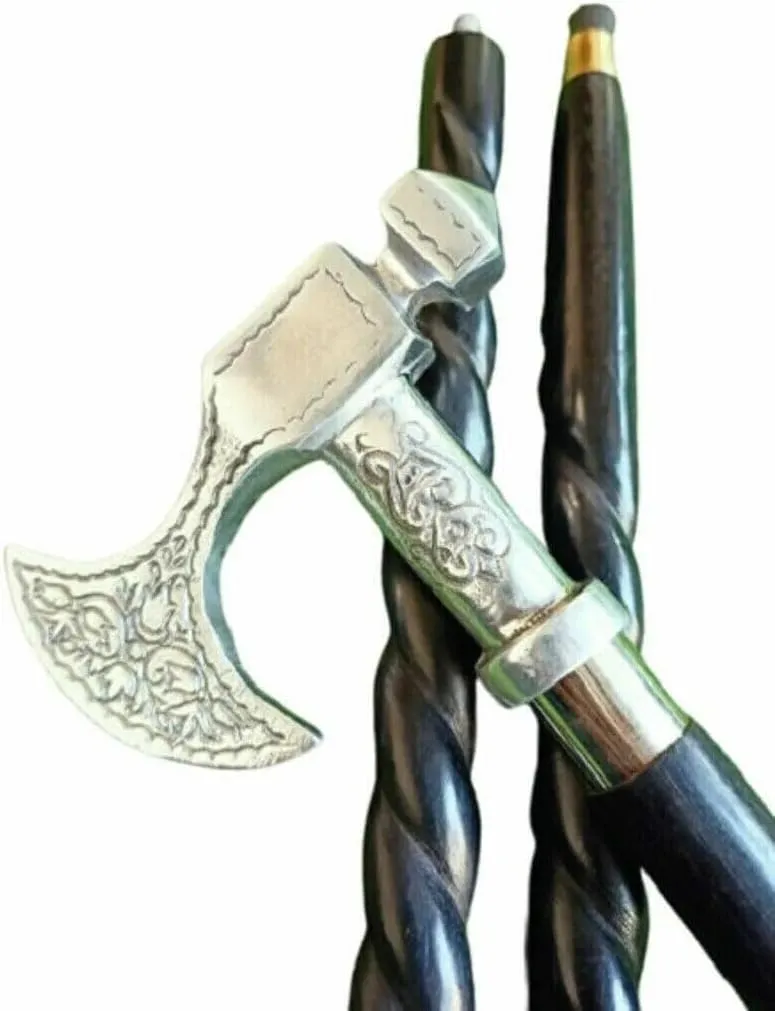 Cold Axe Head Walking Stick 38" Hiking Trekking Tactical Defence Cane Spiral for Men & Woman Gift Items