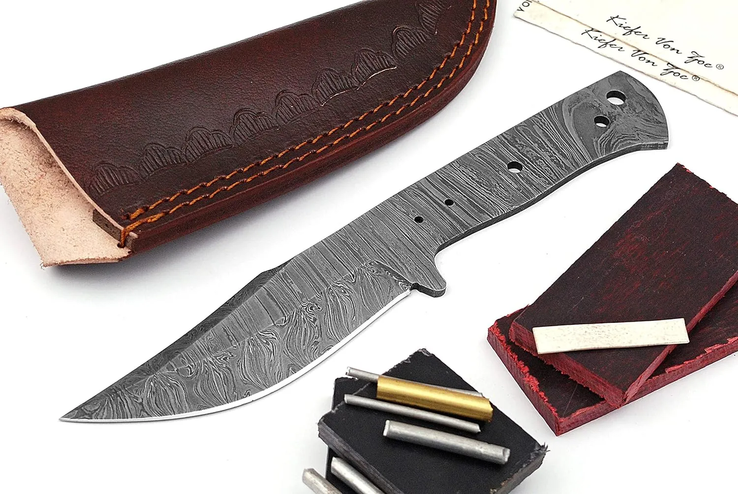 ColdLand 9" Damascus Steel Knife Making Kits - Knife Making Supplies Include Blank Knife Steel Damascus Blade, Brass Pin, Knife with Sheath, Wood Handle Scales - Build your Own Knife Kit NB119