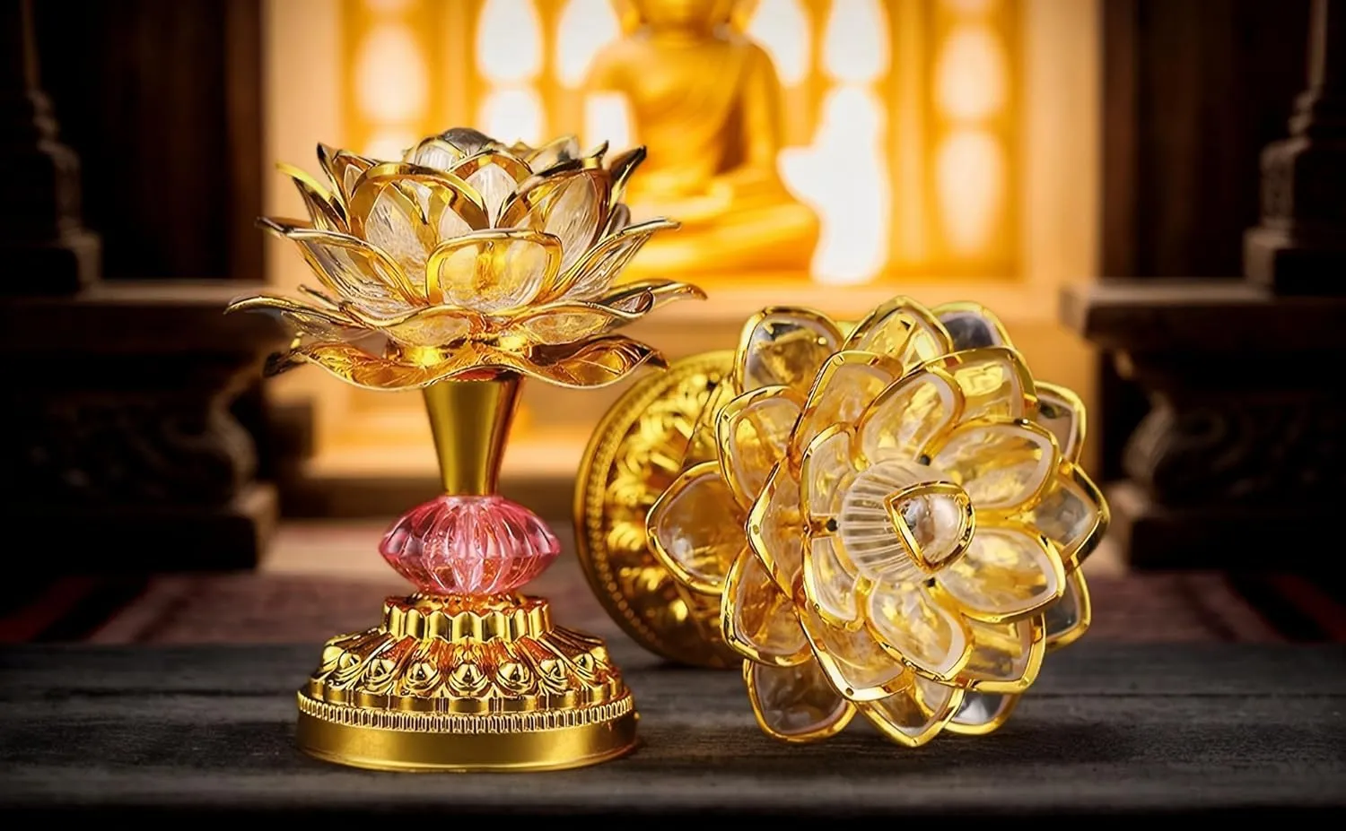 Colorful LED Lotus Buddhist Lamp, Built 13 Buddhist Songs, Gradient Buddha Light for Worship, Prayer and Display, Low Power Consumption, Eco, Buddhist Supplies - Gold