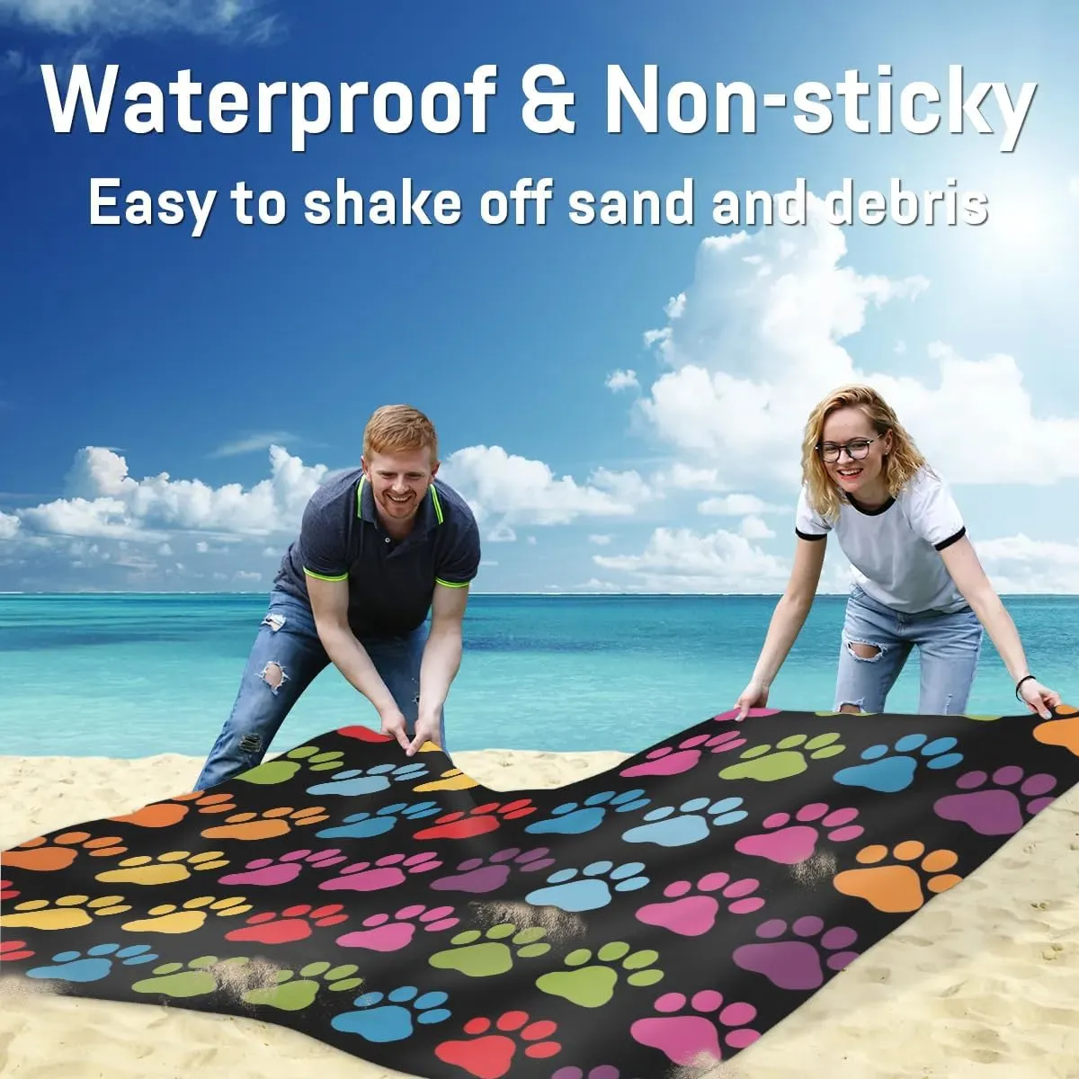 Colorful Paw Beach Blanket, Sandproof Beach Mat, Adults Waterproof Quick Drying Sand Free Mat with 4 x Ground Spikes for Outdoor Travel Camping Hiking, Animal Dog Paw