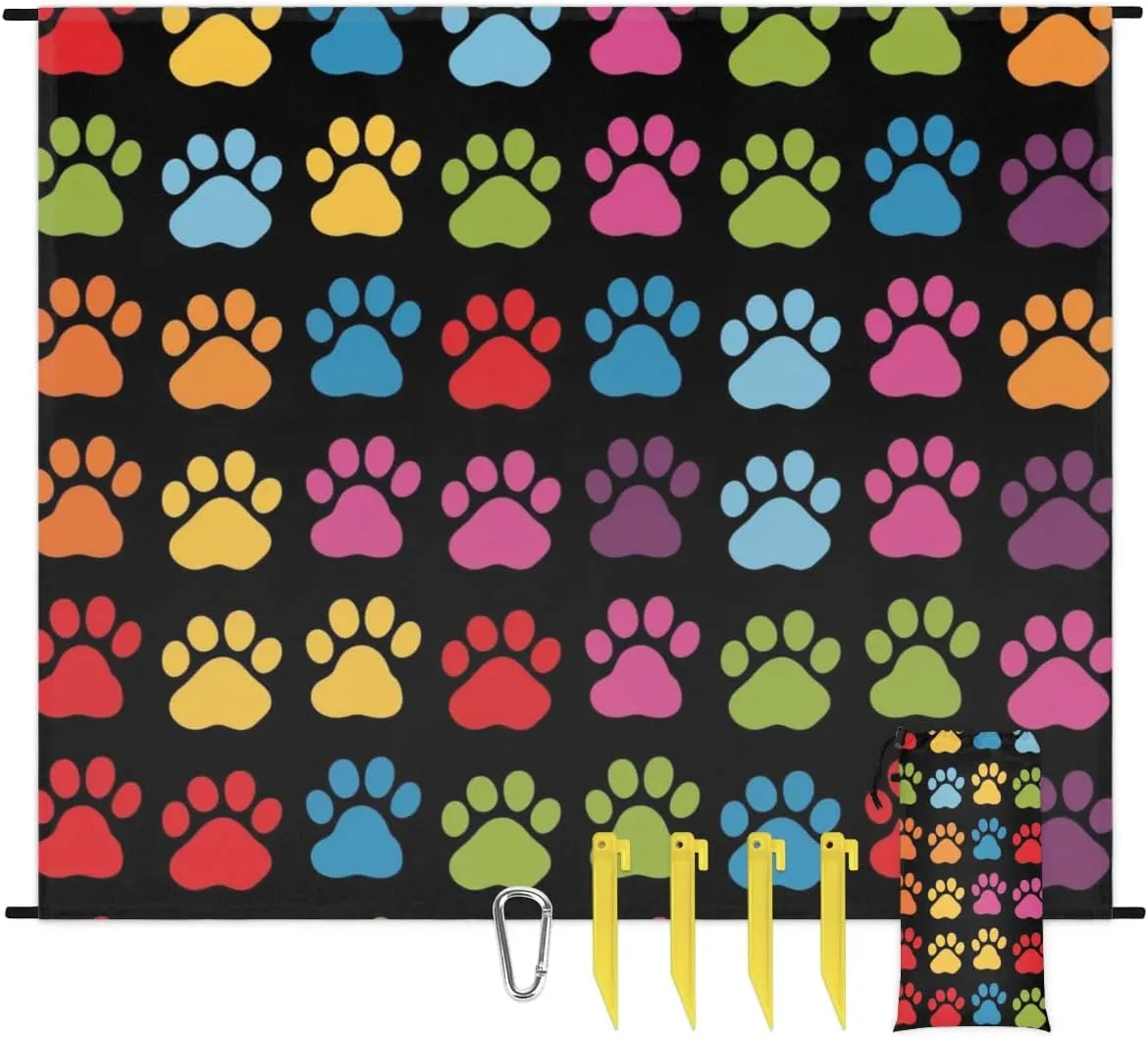 Colorful Paw Beach Blanket, Sandproof Beach Mat, Adults Waterproof Quick Drying Sand Free Mat with 4 x Ground Spikes for Outdoor Travel Camping Hiking, Animal Dog Paw