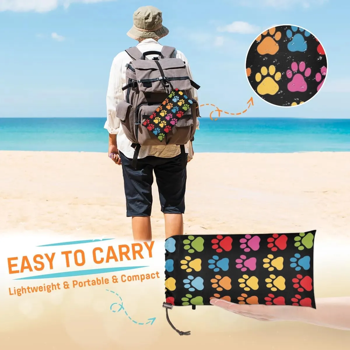 Colorful Paw Beach Blanket, Sandproof Beach Mat, Adults Waterproof Quick Drying Sand Free Mat with 4 x Ground Spikes for Outdoor Travel Camping Hiking, Animal Dog Paw