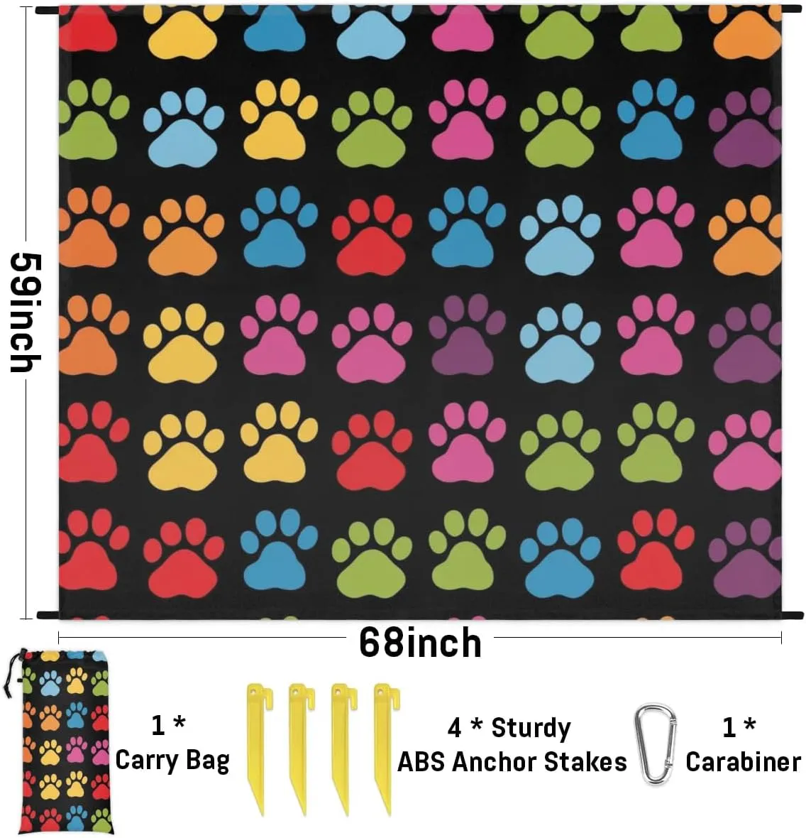 Colorful Paw Beach Blanket, Sandproof Beach Mat, Adults Waterproof Quick Drying Sand Free Mat with 4 x Ground Spikes for Outdoor Travel Camping Hiking, Animal Dog Paw