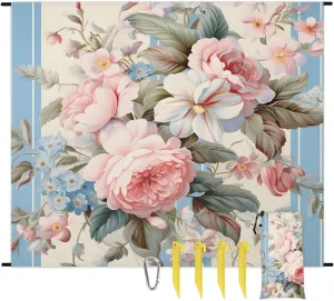 Colorful Rose Flower Beach Blanket, Sandproof Beach Mat, 68 x 59 Waterproof Quick Drying Sand Free Mat with 4 x Ground Spikes for Outdoor Travel Camping Hiking, Vintage Floral