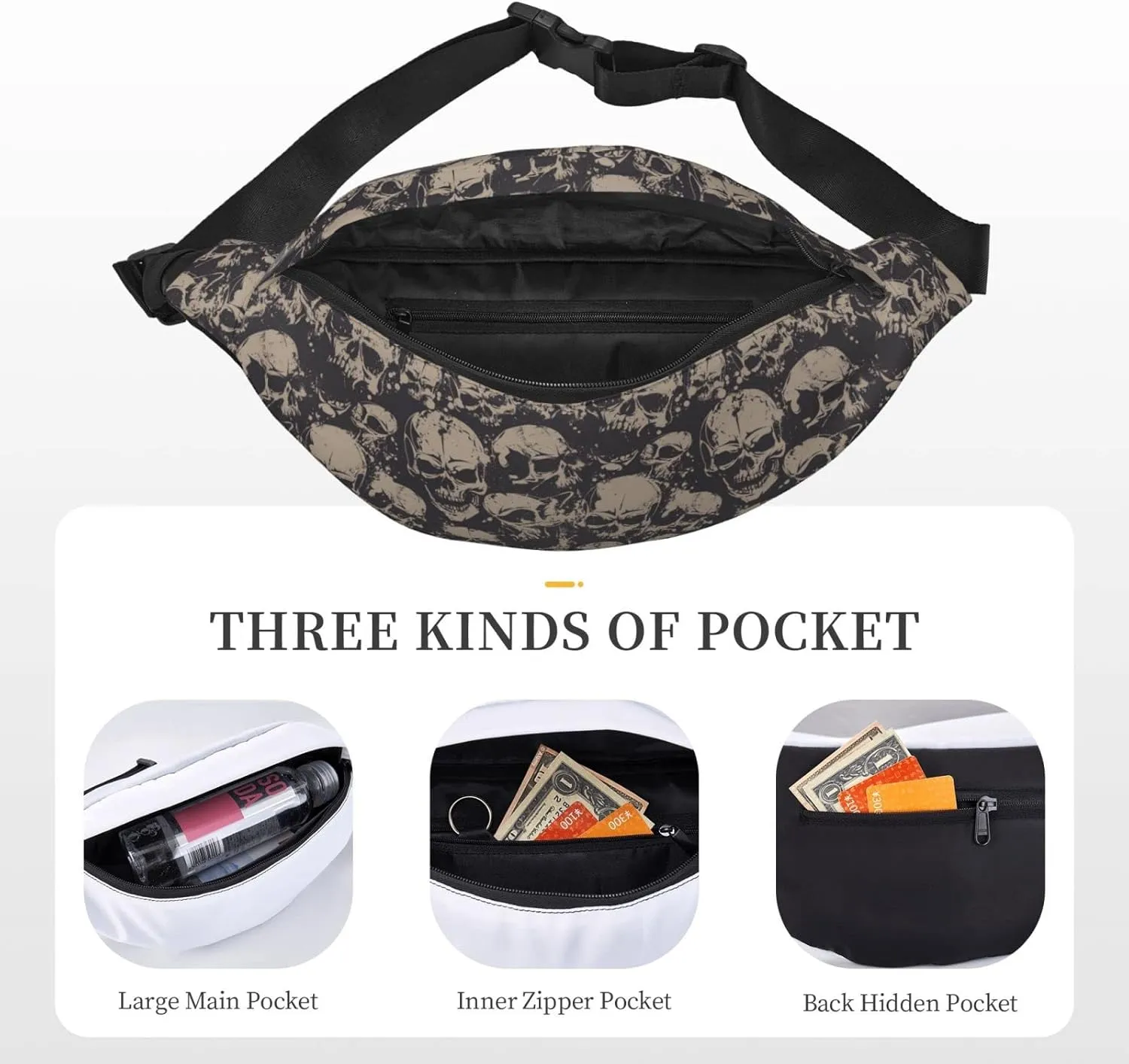 Cool Retro Skull Graphics Fanny Pack for Man Women Waist Bag Adjustable Belt Casual Chest Bag Bum Bags for Travel Sports Running Hiking Waist Packs