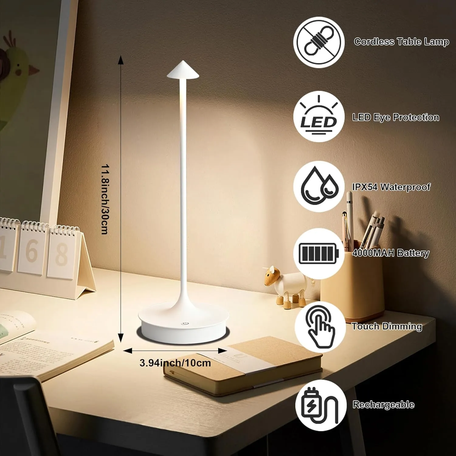 Cordless Table Lamps Rechargeable, LED Desk Lamp 4000mAh Battery Operated Outdoor Waterproof Portable Touch Dimmable Table Light for Patio/Restaurant/Bar/Indoor (White-1PC)