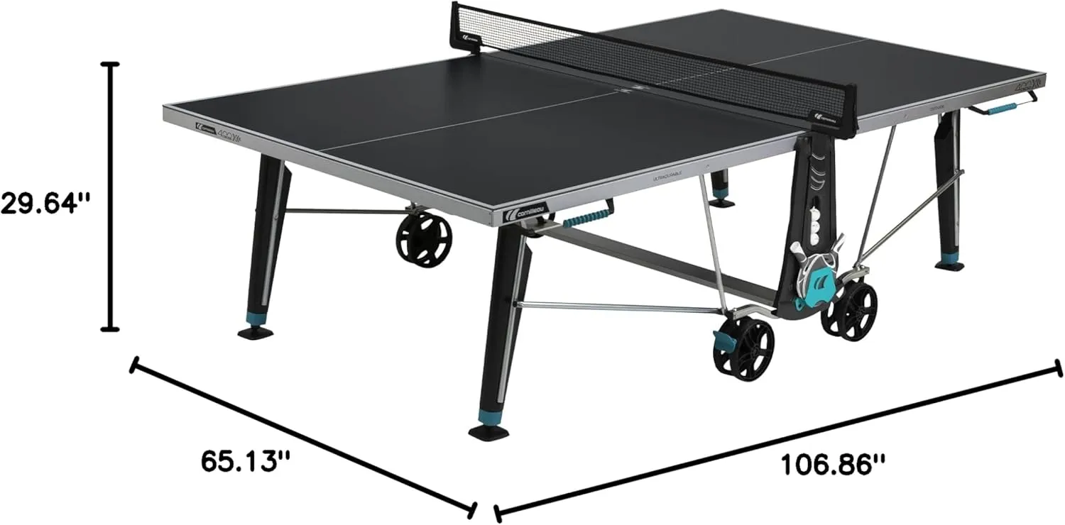 CORNILLEAU - 400X Outdoor Table Tennis Table - 5mm Weatherproof Surface, Anti-Glare Coating, Adjustable Legs, Paddle & Ball Storage, Foldable Design, Point Counters - 5 mm Blue or Grey