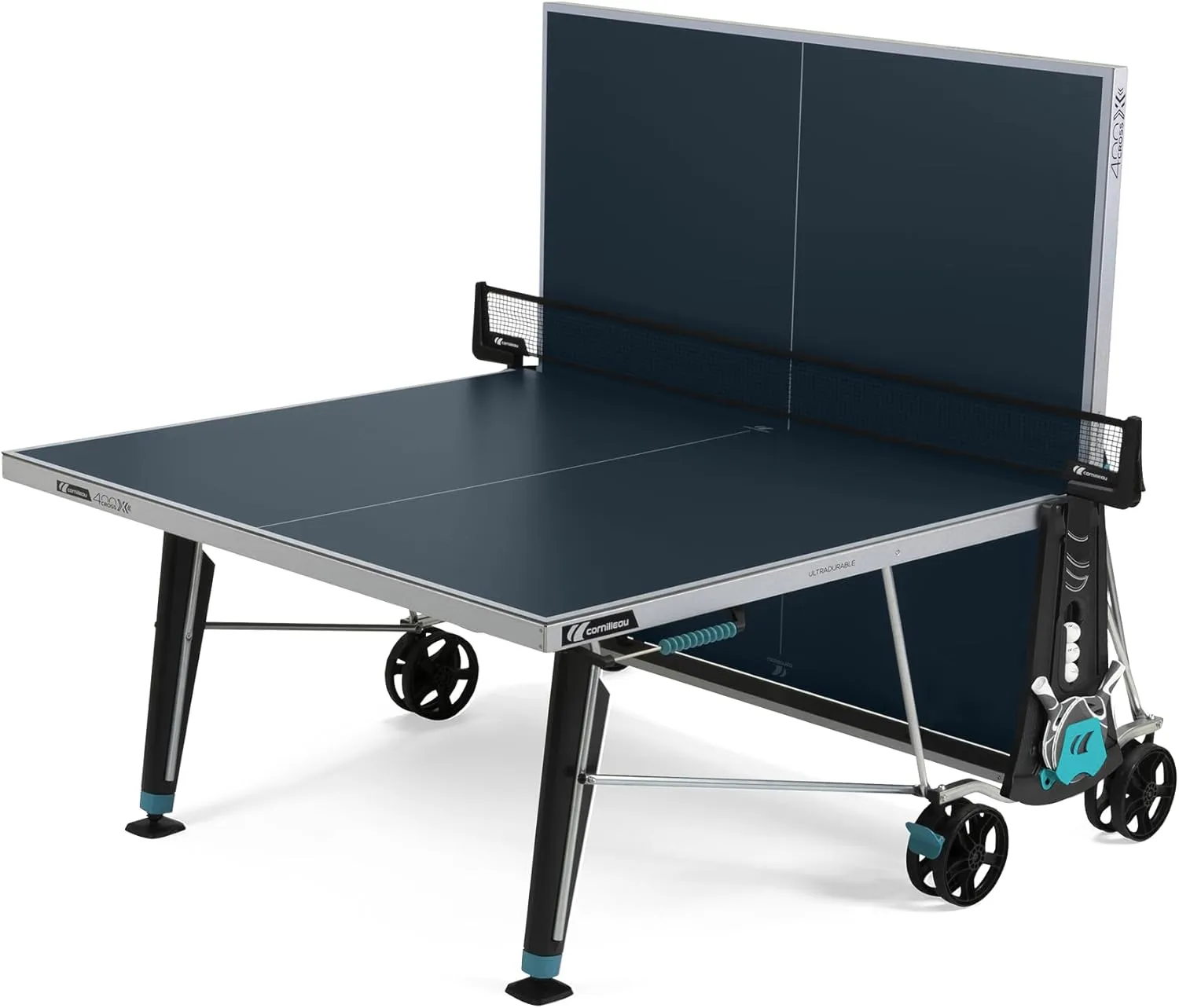 CORNILLEAU - 400X Outdoor Table Tennis Table - 5mm Weatherproof Surface, Anti-Glare Coating, Adjustable Legs, Paddle & Ball Storage, Foldable Design, Point Counters - 5 mm Blue or Grey