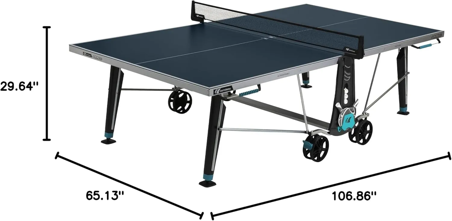 CORNILLEAU - 400X Outdoor Table Tennis Table - 5mm Weatherproof Surface, Anti-Glare Coating, Adjustable Legs, Paddle & Ball Storage, Foldable Design, Point Counters - 5 mm Blue or Grey