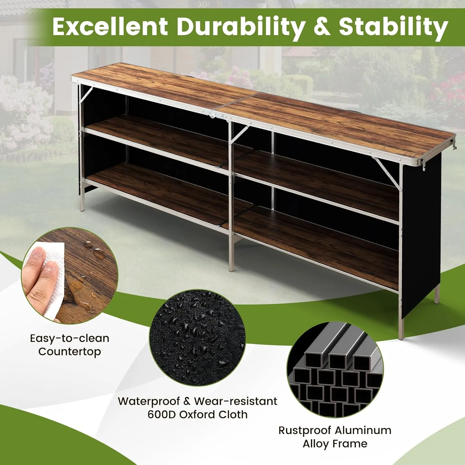 COSTWAY 81" Folding Picnic Table, Portable Bar Table with Carry Bag, Lightweight Aluminum Food Prep Station with 2 Shelves, Quick Set-up, BBQ, Party, Backyard, Brown