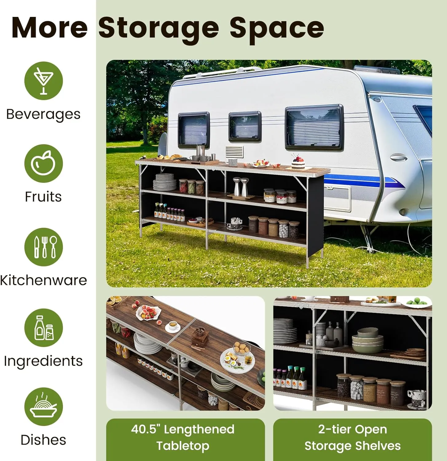 COSTWAY 81" Folding Picnic Table, Portable Bar Table with Carry Bag, Lightweight Aluminum Food Prep Station with 2 Shelves, Quick Set-up, BBQ, Party, Backyard, Brown