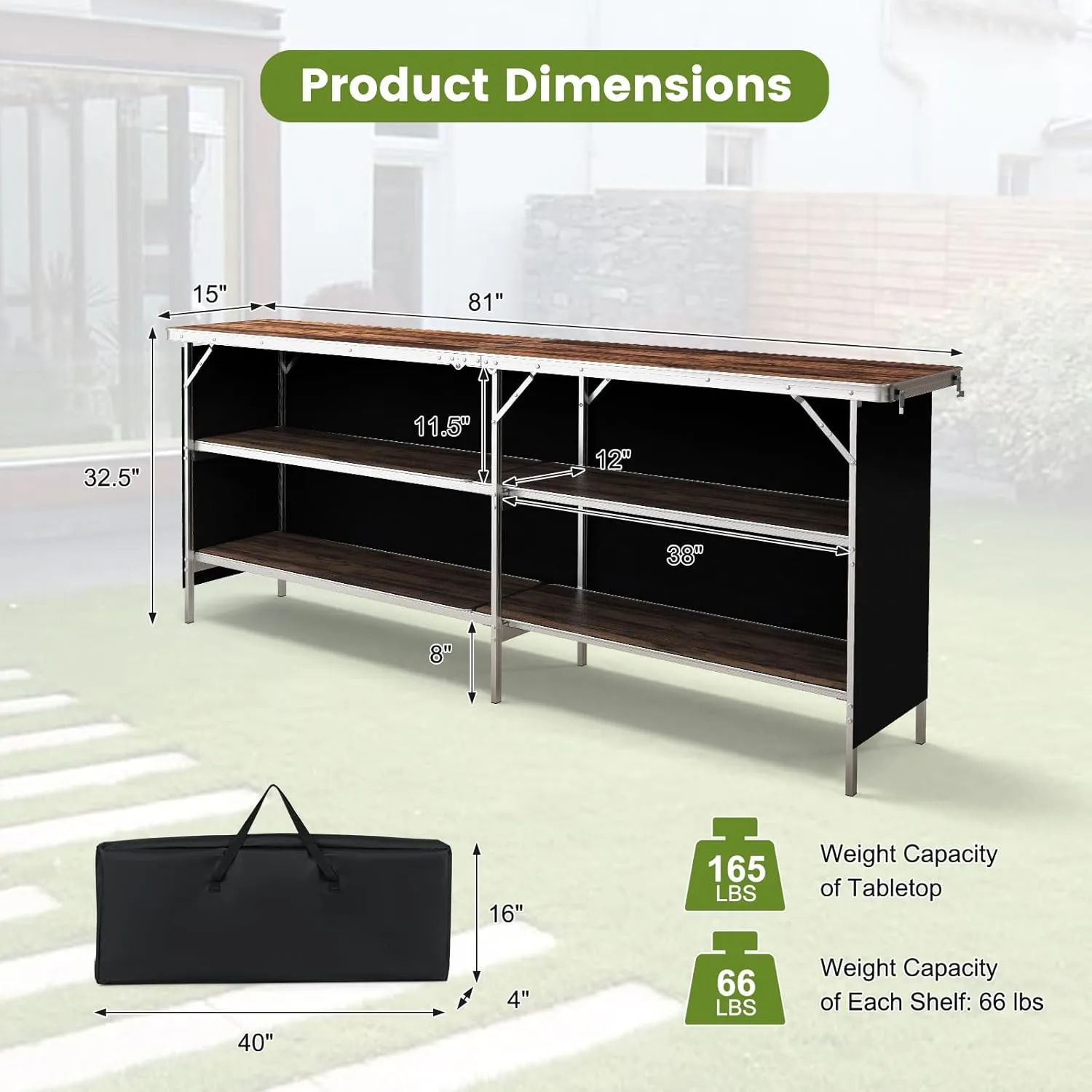 COSTWAY 81" Folding Picnic Table, Portable Bar Table with Carry Bag, Lightweight Aluminum Food Prep Station with 2 Shelves, Quick Set-up, BBQ, Party, Backyard, Brown