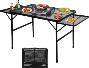 COSYAWN Folding Grill Table with 2 Extra Desktop, Height Adjustable Portable Grill Table for Outside, 53.34x23.6x16.5/25.9 inches, Camping Table for Picnic, BBQ, Large Size