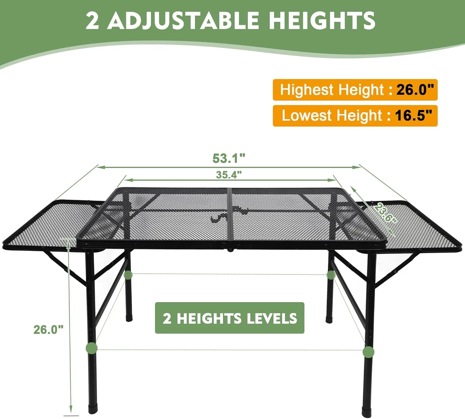 COSYAWN Folding Grill Table with 2 Extra Desktop, Height Adjustable Portable Grill Table for Outside, 53.34x23.6x16.5/25.9 inches, Camping Table for Picnic, BBQ, Large Size