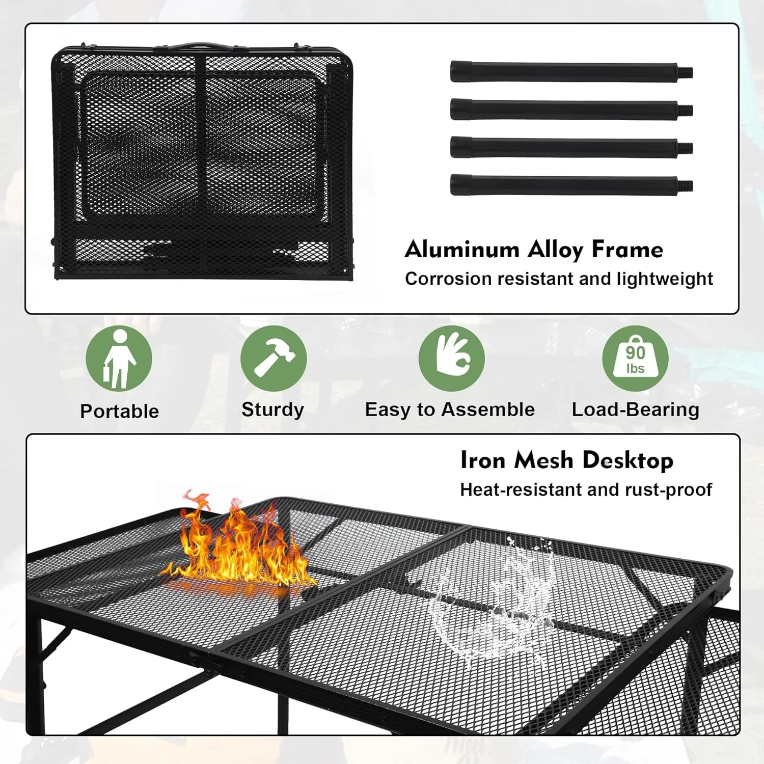 COSYAWN Folding Grill Table with 2 Extra Desktop, Height Adjustable Portable Grill Table for Outside, 53.34x23.6x16.5/25.9 inches, Camping Table for Picnic, BBQ, Large Size