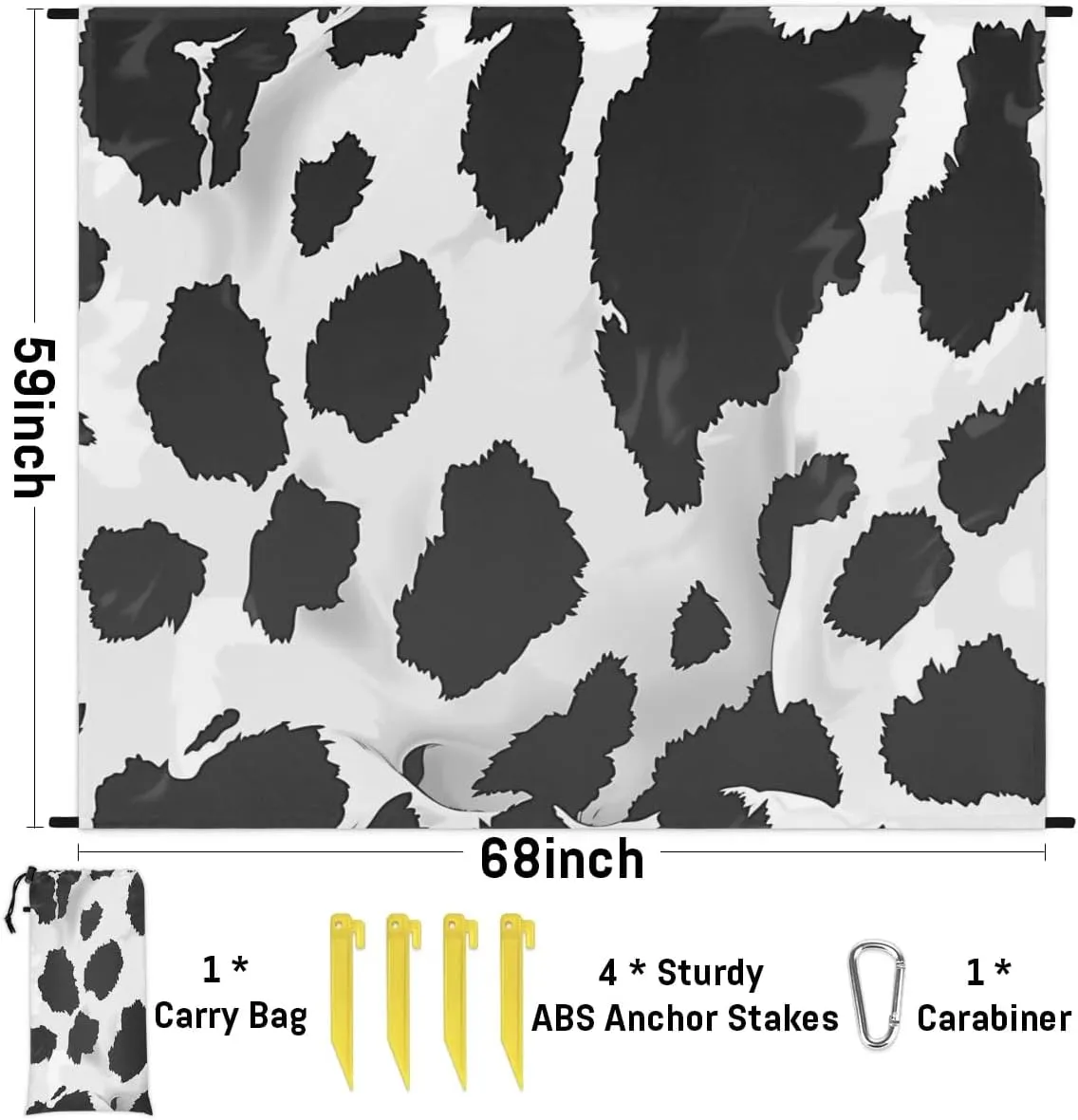 Cow Print Beach Blanket, Sandproof Beach Mat, Adults Waterproof Quick Drying Sand Free Mat with 4 x Ground Spikes for Outdoor Travel Camping Hiking, Cow Print