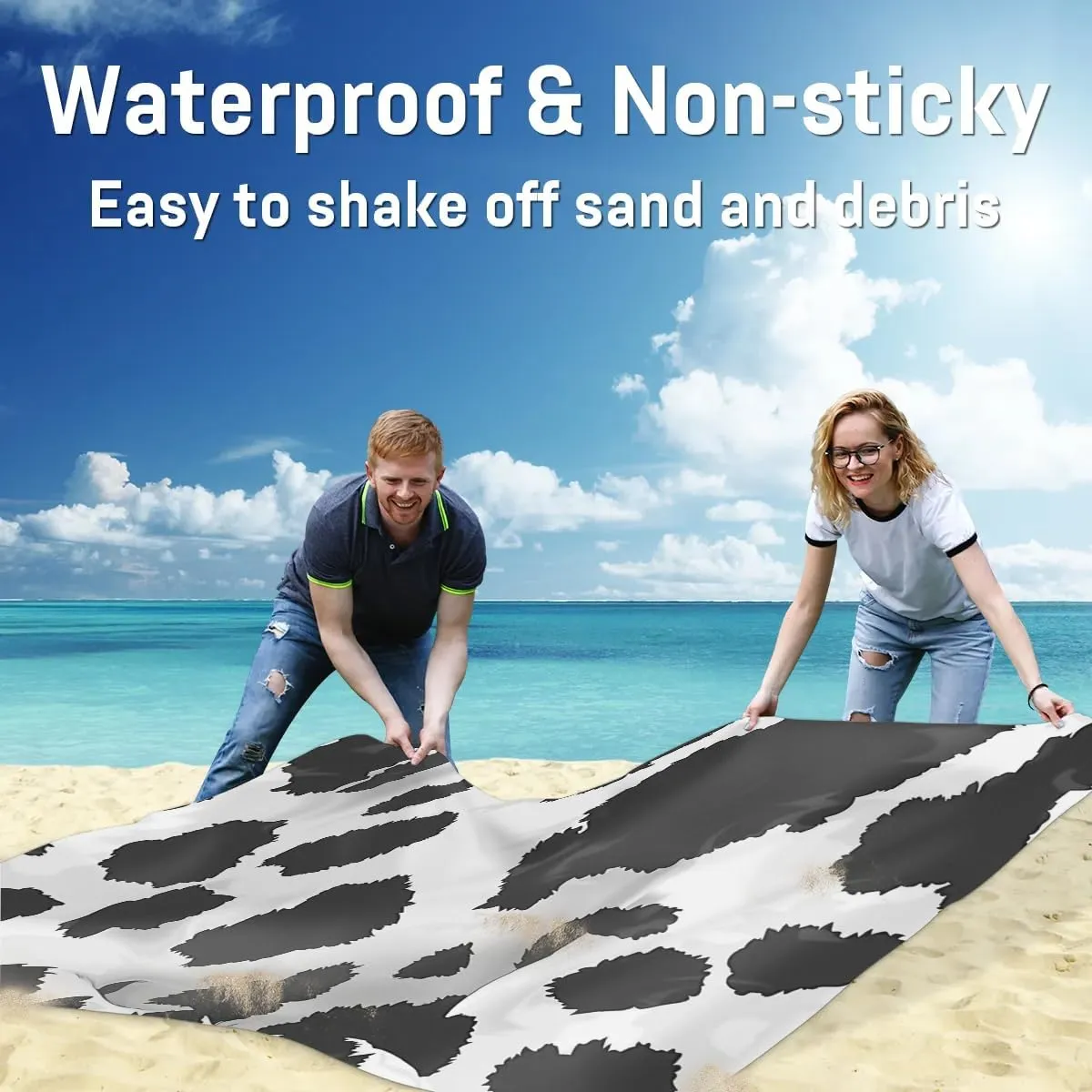 Cow Print Beach Blanket, Sandproof Beach Mat, Adults Waterproof Quick Drying Sand Free Mat with 4 x Ground Spikes for Outdoor Travel Camping Hiking, Cow Print