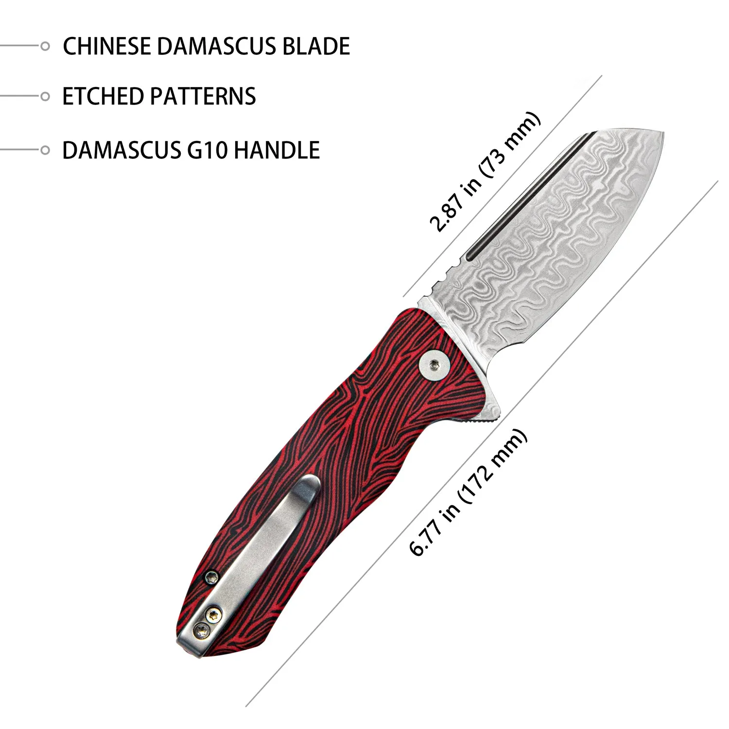 Creon Small Pocket Knife with Button Lock Red Black G10 Handle 2.87" Damascus Steel KU336B