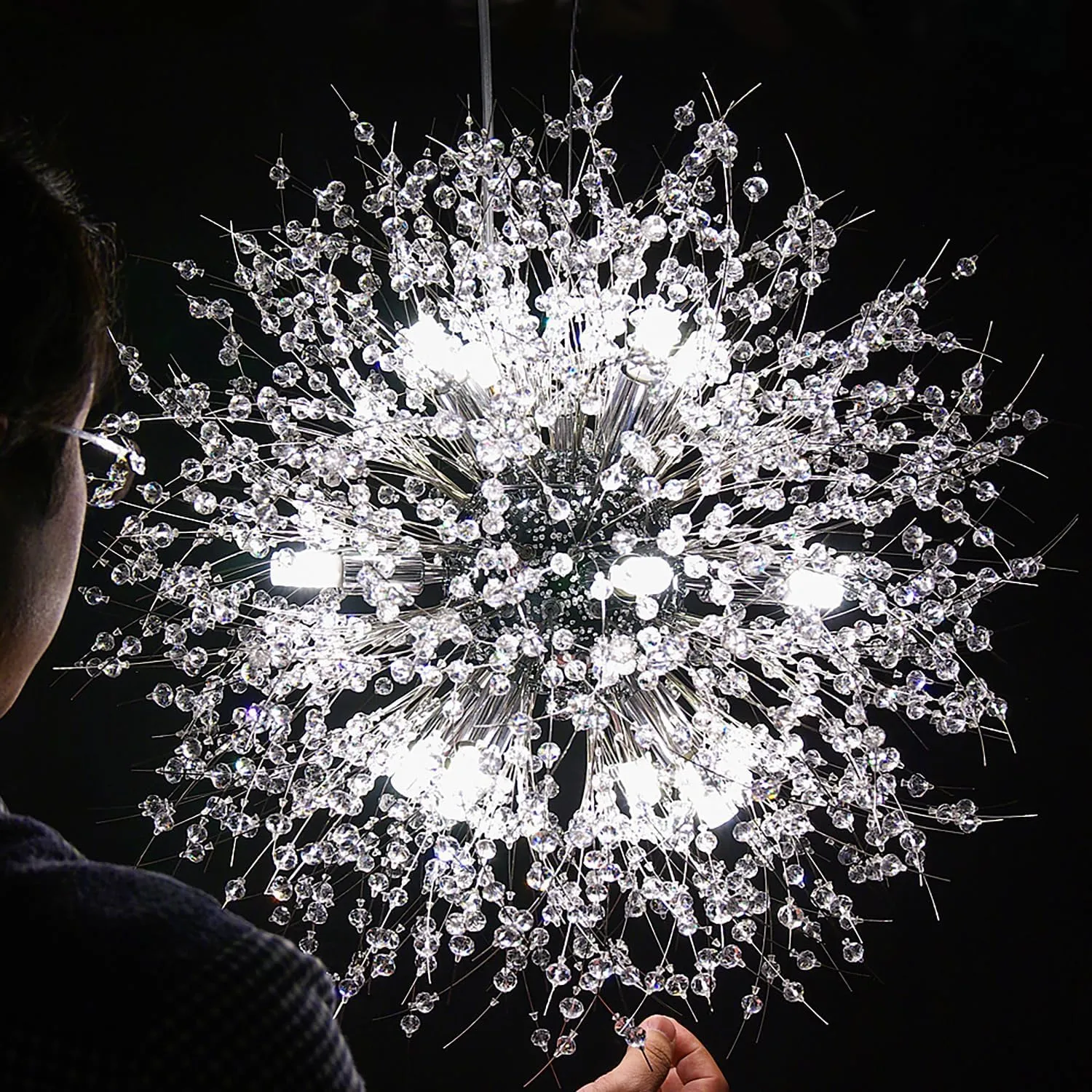 Crystal Chandelier, Firework Modern Beaded Chandeliers, Dandelion Chrome Pendant Lamp, Hanging Lighting Fixture for Bedroom, Dining Room, Kitchen, Farmhouse, Hallway, Foyer, 12 G9 Bulbs Included