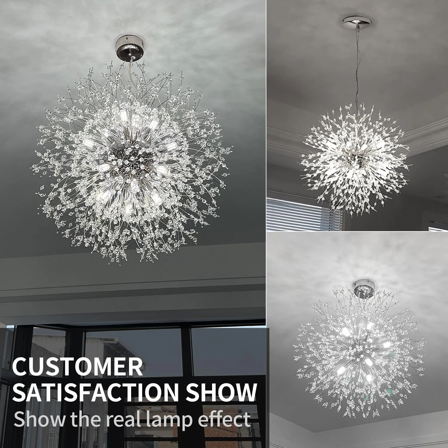 Crystal Chandelier, Firework Modern Beaded Chandeliers, Dandelion Chrome Pendant Lamp, Hanging Lighting Fixture for Bedroom, Dining Room, Kitchen, Farmhouse, Hallway, Foyer, 12 G9 Bulbs Included