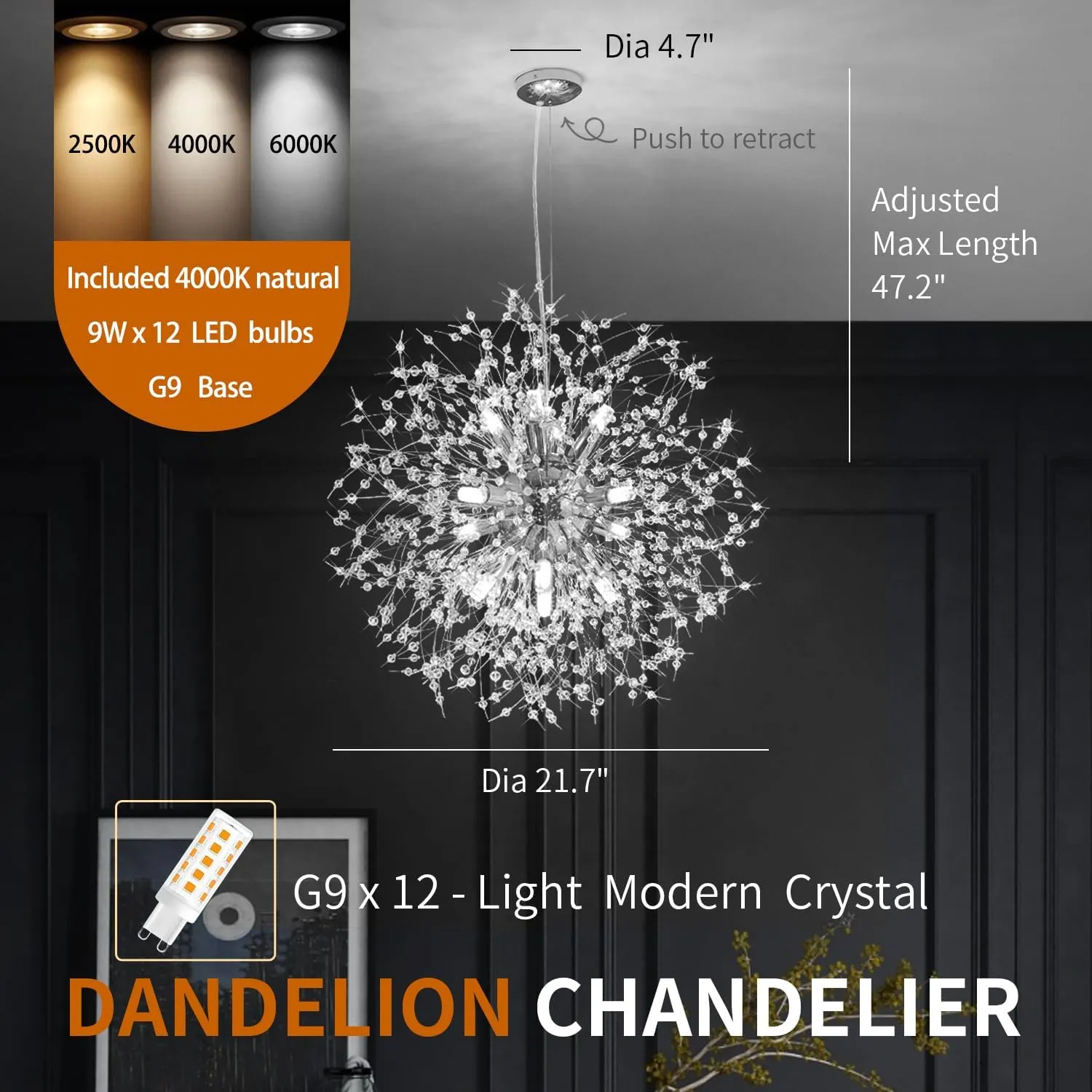 Crystal Chandelier, Firework Modern Beaded Chandeliers, Dandelion Chrome Pendant Lamp, Hanging Lighting Fixture for Bedroom, Dining Room, Kitchen, Farmhouse, Hallway, Foyer, 12 G9 Bulbs Included