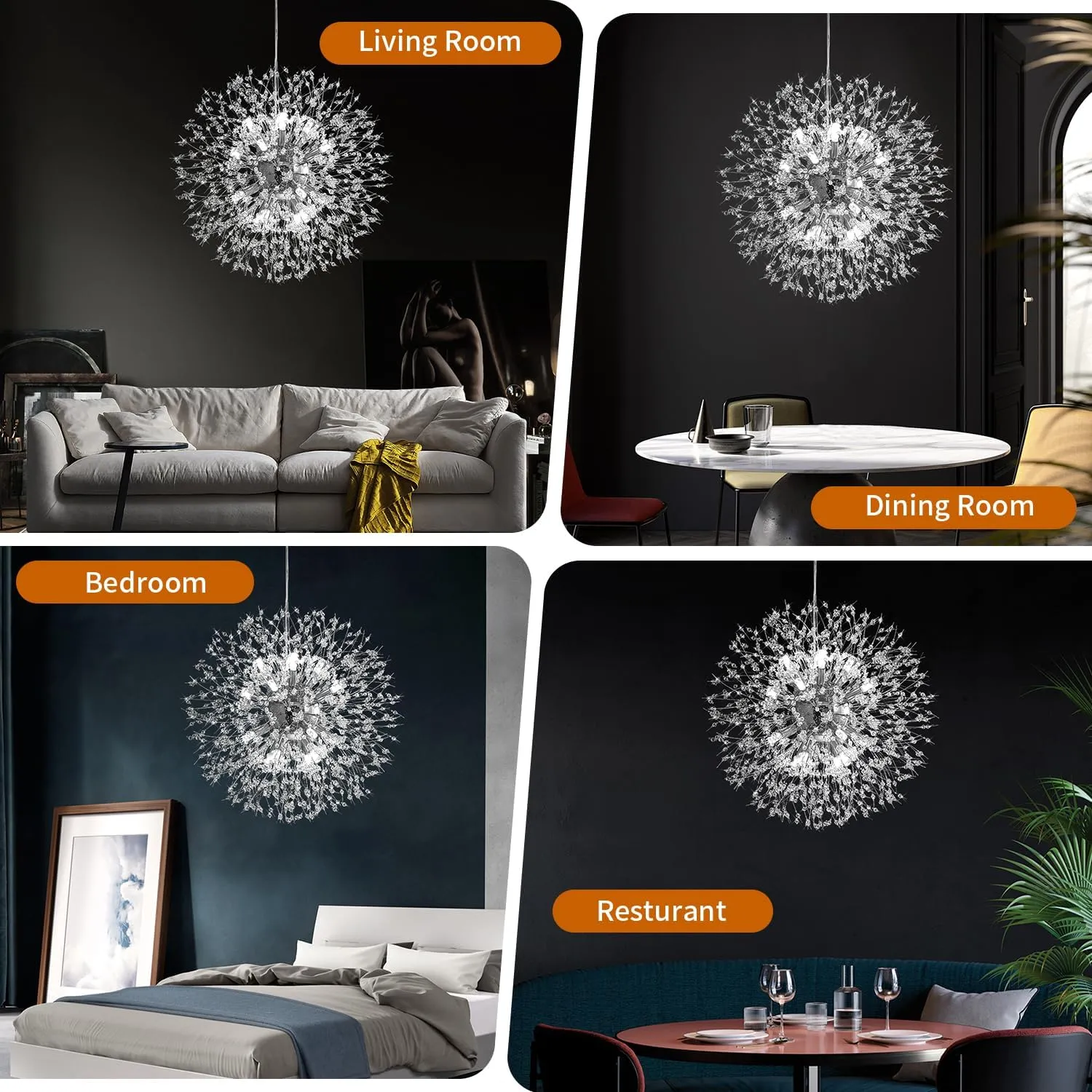Crystal Chandelier, Firework Modern Beaded Chandeliers, Dandelion Chrome Pendant Lamp, Hanging Lighting Fixture for Bedroom, Dining Room, Kitchen, Farmhouse, Hallway, Foyer, 12 G9 Bulbs Included