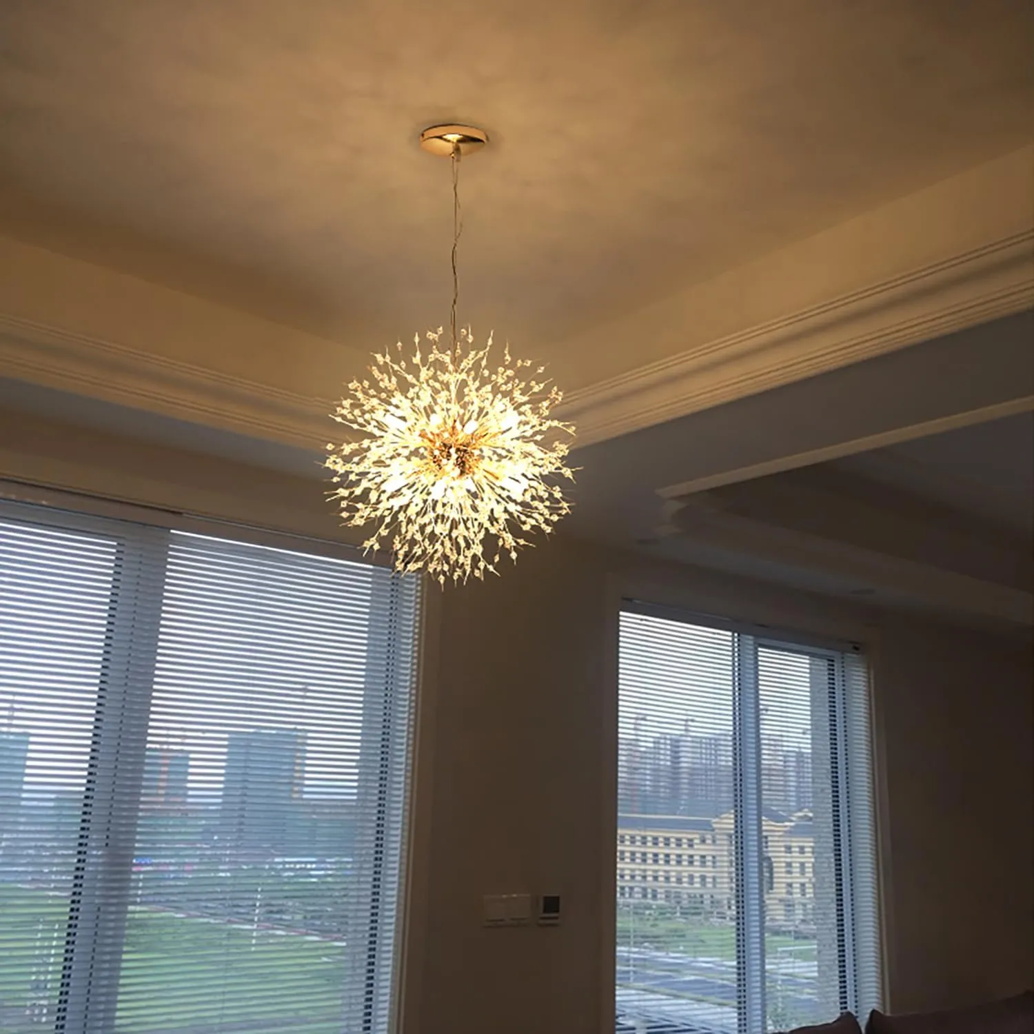 Crystal Chandelier, Firework Modern Beaded Chandeliers, Dandelion Gold Pendant Lamp, Hanging Lighting Fixture for Bedroom, Dining Room, Kitchen, Farmhouse, Hallway, Foyer, 8 G9 Bulbs Included