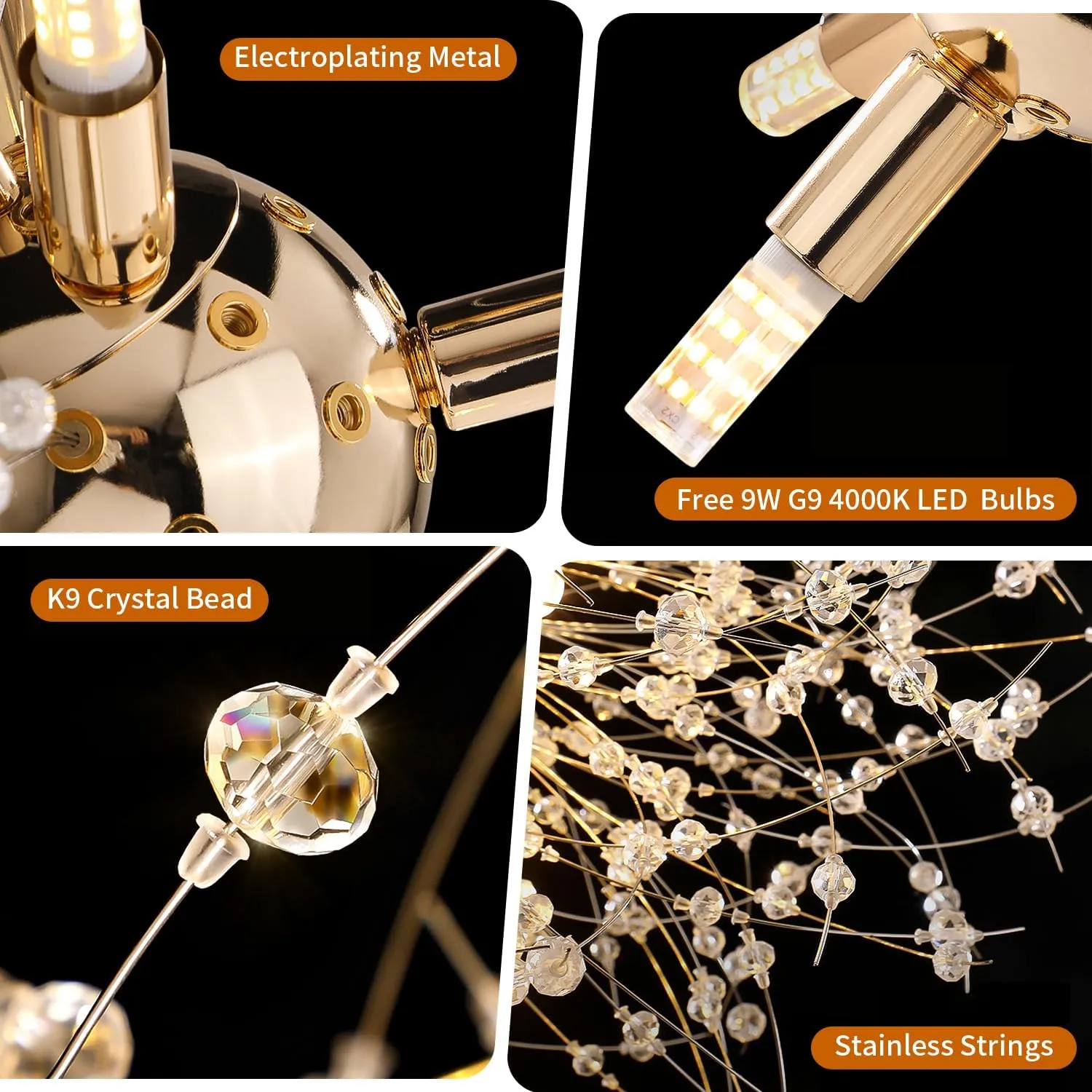 Crystal Chandelier, Firework Modern Beaded Chandeliers, Dandelion Gold Pendant Lamp, Hanging Lighting Fixture for Bedroom, Dining Room, Kitchen, Farmhouse, Hallway, Foyer, 8 G9 Bulbs Included