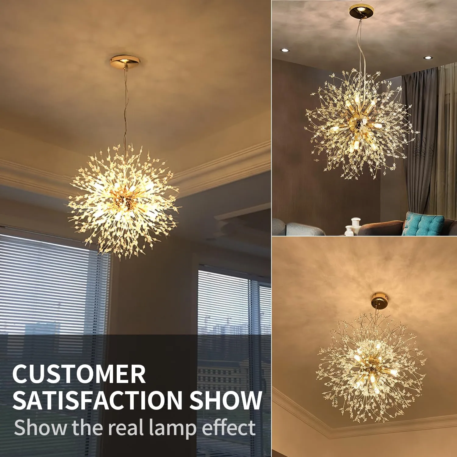 Crystal Chandelier, Firework Modern Beaded Chandeliers, Dandelion Gold Pendant Lamp, Hanging Lighting Fixture for Bedroom, Dining Room, Kitchen, Farmhouse, Hallway, Foyer, 8 G9 Bulbs Included