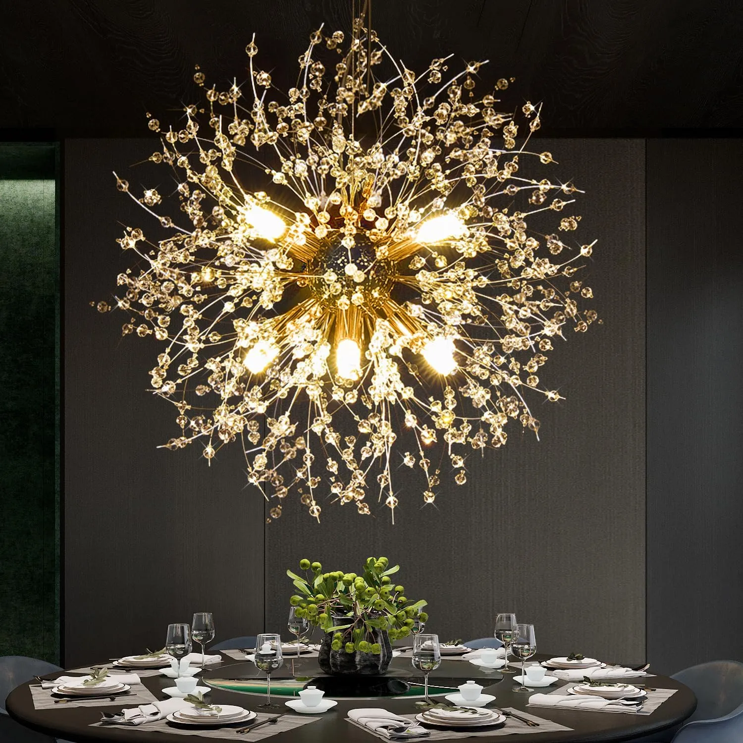 Crystal Chandelier, Firework Modern Beaded Chandeliers, Dandelion Gold Pendant Lamp, Hanging Lighting Fixture for Bedroom, Dining Room, Kitchen, Farmhouse, Hallway, Foyer, 8 G9 Bulbs Included