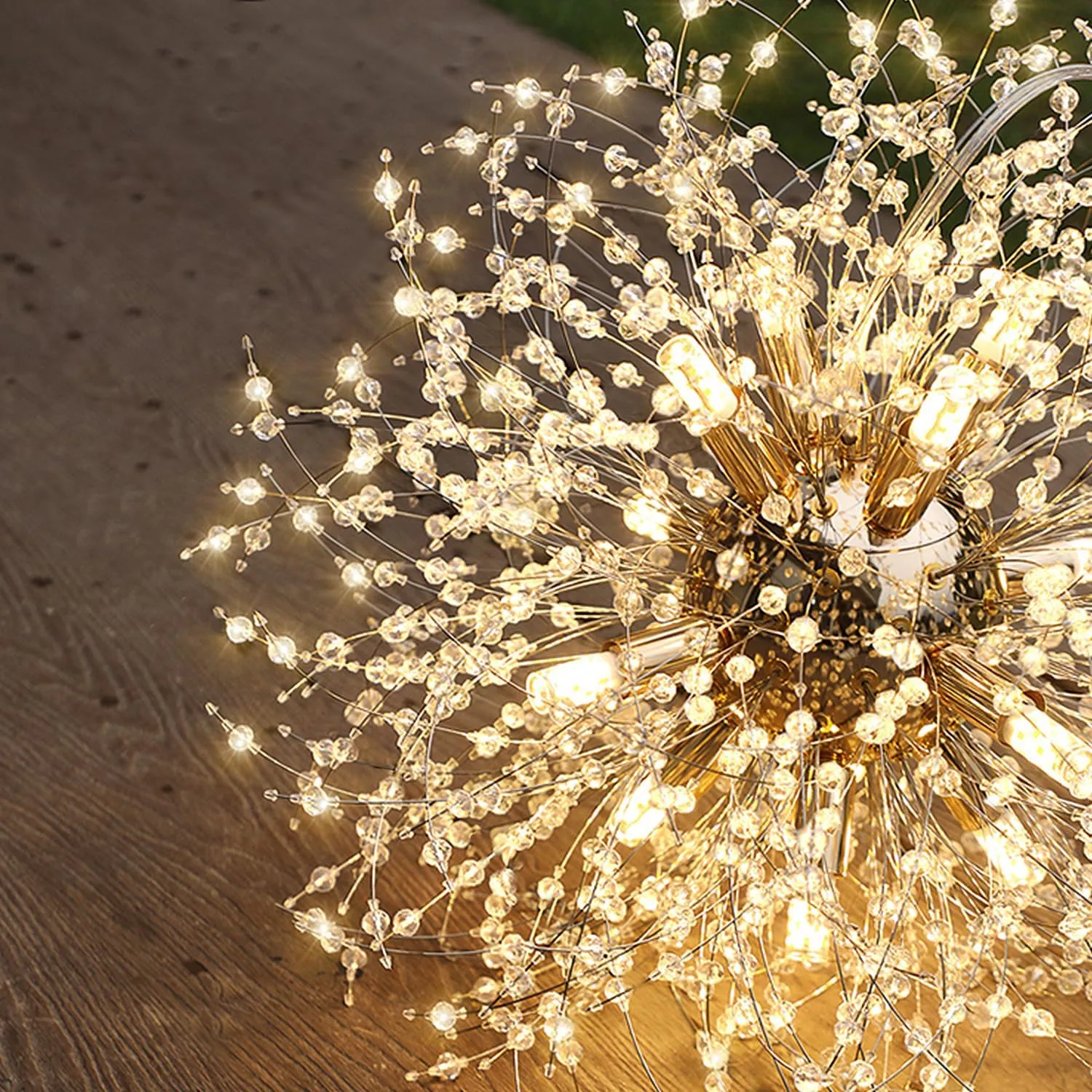 Crystal Chandelier, Firework Modern Beaded Chandeliers, Dandelion Gold Pendant Lamp, Hanging Lighting Fixture for Bedroom, Dining Room, Kitchen, Farmhouse, Hallway, Foyer, 8 G9 Bulbs Included