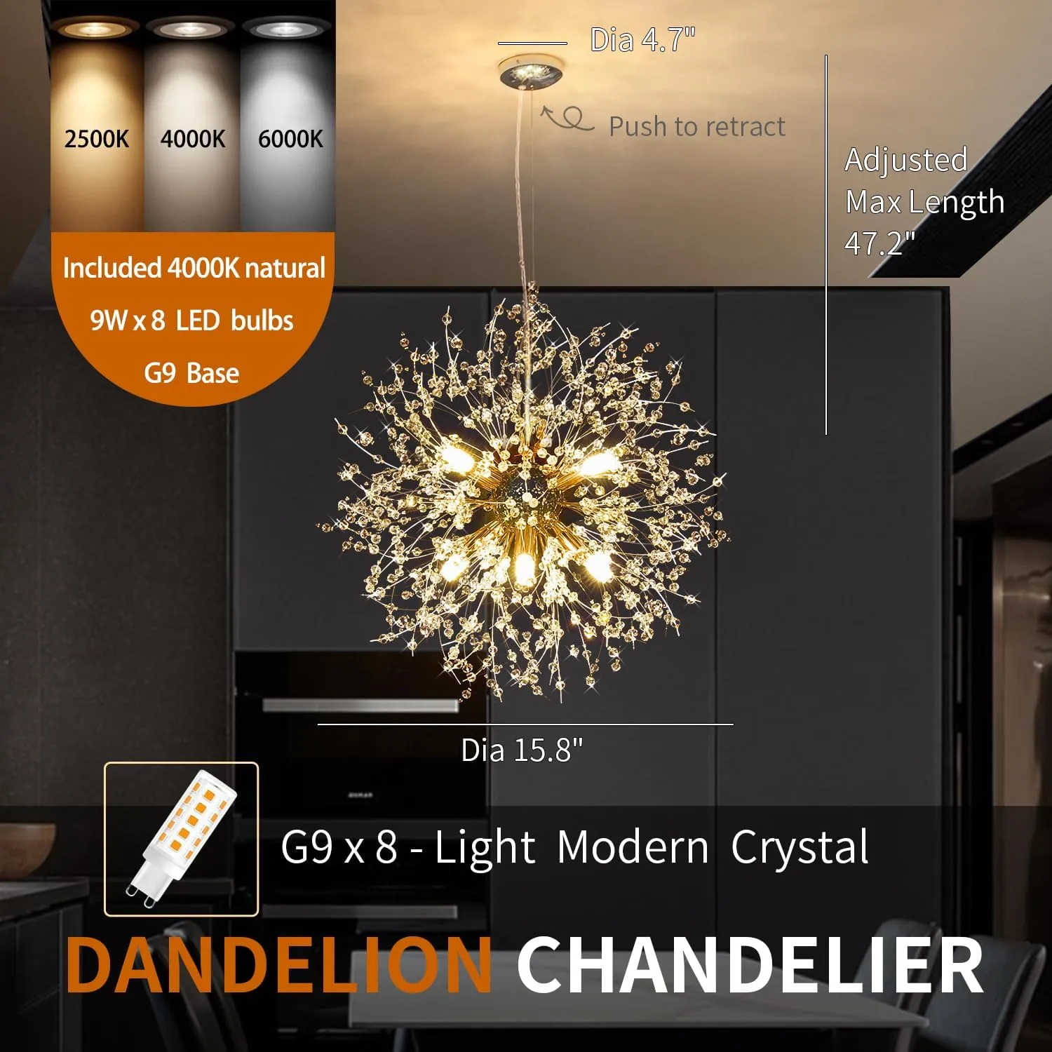 Crystal Chandelier, Firework Modern Beaded Chandeliers, Dandelion Gold Pendant Lamp, Hanging Lighting Fixture for Bedroom, Dining Room, Kitchen, Farmhouse, Hallway, Foyer, 8 G9 Bulbs Included