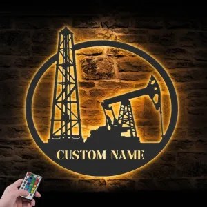 Custom Oil Field Hanger Metal Wall Art LED Light Personalized Oil Rig Derrickhand Name Sign Home Decor Derrickman Decoration Birthday Gift, black