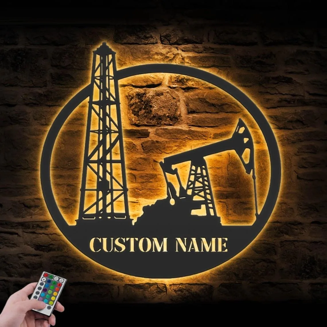 Custom Oil Field Hanger Metal Wall Art LED Light Personalized Oil Rig Derrickhand Name Sign Home Decor Derrickman Decoration Birthday Gift, black