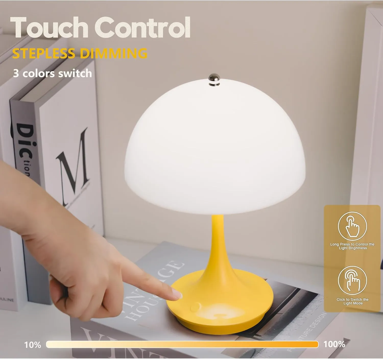 Cute Cordless Mini Mushroom Table Lamp - Rechargeable 3000mAh Battery, Dimmable Touch LED, Portable Bedside Nightstand Light for Bedroom, Kitchen, Bathroom, Office & Study Decor - Yellow