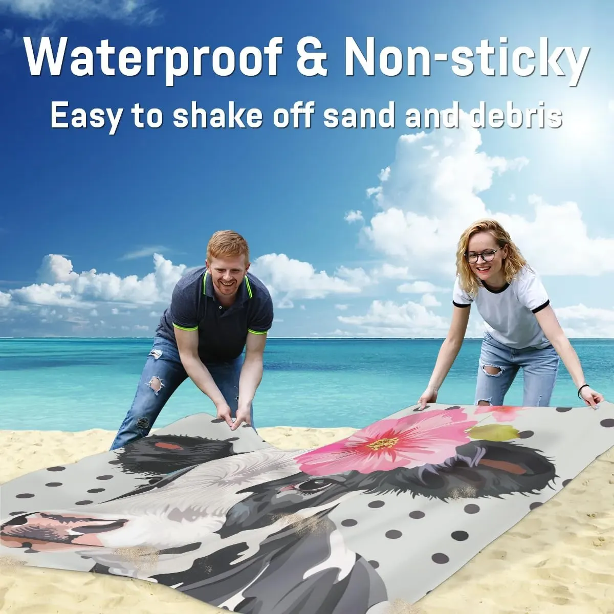 Cute Cow Beach Blanket, Sandproof Beach Mat, Adults Waterproof Quick Drying Sand Free Mat with 4 x Ground Spikes for Outdoor Travel Camping Hiking, Floral Cow