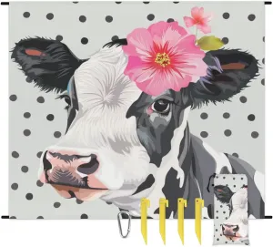 Cute Cow Beach Blanket, Sandproof Beach Mat, Adults Waterproof Quick Drying Sand Free Mat with 4 x Ground Spikes for Outdoor Travel Camping Hiking, Floral Cow